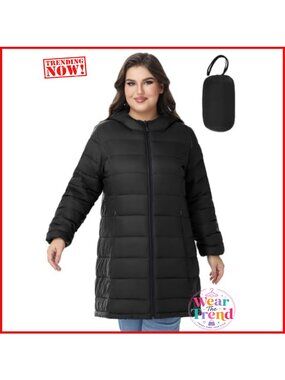 Plus Size Packable Puffer Jacket Lightweight Water Repellent Hooded
